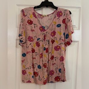 Kori America Pink Floral Print Top Split  Sleeve V Neck Blouse MEDIUM BOHO